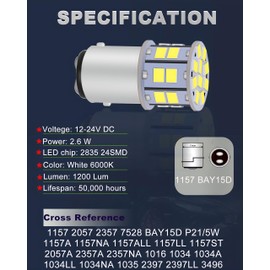 LEDYOTRY 1157 LED Brake Bulb 12V-24V Super Bright Low Power 7528 2357 2057 BAY15D Tail Lights Replacement for Reverse Lights, Brake Tail Lights, Turn Signal Light, 6000K White