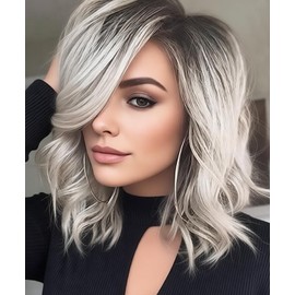 SEVENCOLORS Short Grey Wavy Wigs for White Women Ombre Silver Bob Wig with Dark Roots Synthetic Hair Natural Looking Gray White Wigs