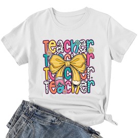Teachers Shirt for Women Back to School Pencil Bow Graphic Tee Colorful Teacher Appreciation Top for Educators