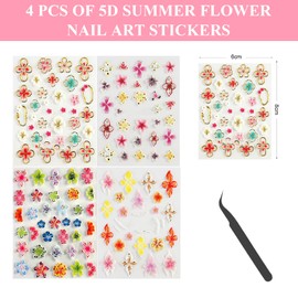 Kabwea 4 Stück 5D Sommerblumen Nagelkunstaufkleber und Eine Schwarze Pinzette, Nagelsticker, Nail Sticker, Nagel Stickers
