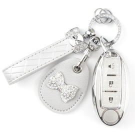 Rayslesan Key Fob Cover with Leather Holder Compatible with Airtag/RFID,Compatible with Nissan Rogue Armada Pathfinder Versa Juke Quest Sentra,RFID Protector,Car Key Accessories(3-Button, Silver)