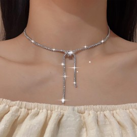 TseenYi Rhinestone Choker Necklace Bridal Necklace Silver Tennis Chain Necklace Crystal Chain Y Lariat Necklace Cubic Zirconia Lariat Necklace CZ Chain Y Shape Necklace