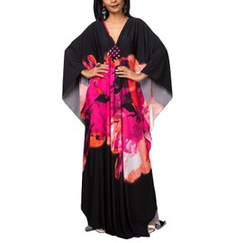 YouKD Women's Summer Long Kaftan Maxi Bohemian Dress Beach Cover Up Bikini Robe Loungewear One Size, d black rose