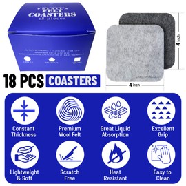 A&A Wonders Absorbent Premium Felt Coasters Set of 18 for Drink, Absorbent Felt Protects Furniture, Table, Anti Slip, Suitable for Drinks & All Table Types (Light Gray/Dark Gray, Square 18 Pack)