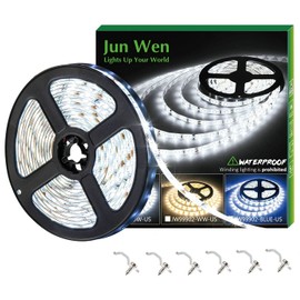 Waterproof LED Strip Lights, Flexible16.4ft/5M Tape Lighting, 300LEDS 12V String Light, Daylight White, SMD 2835, Battery Powered Supply Under Cabinet Hallway Staircase Corridor Collectable Bookshelf