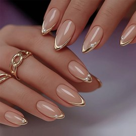 Uñas postizas con punta francesa dorada, almendra, color nude brillante, acrílicas, doradas y cromadas, reutilizables, con pegamento artificial para m