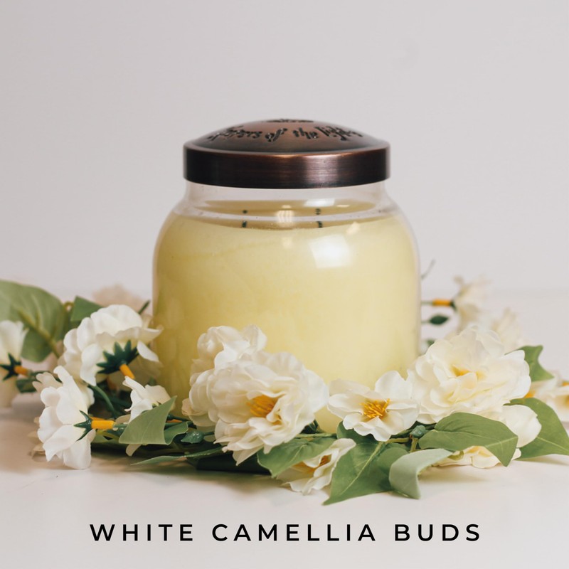 A Cheerful Giver Candle Ring, White Camellia Bids, Spring Flowers