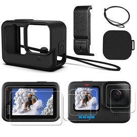 Hero 12 11 10 9 Silicone Sleeve Protective Case + 【6 PCS】 Tempered Glass Screen Protector for Hero 11 10 9, Accessories Kit for GoPro Hero 12 11 10 9 Black 【Battery Side Cover +Lens Cap+ Lanyard】