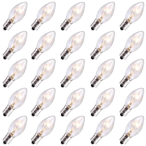 Abeja 25 Pack C7 Christmas Replacement Clear Bulbs C7/E12 Incandescent Light Bulbs for Christmas Tree Lights Set Indoor/Outdoor Party Decor, 5w