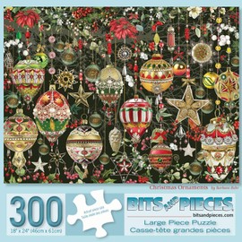 Bits and Pieces - 300 Large Piece Jigsaw Puzzle for Adults 18" x 24" - Christmas Ornaments Jigsaw Puzzle - Holiday Tree Decoration Flowers Stars Winter by Artist Barbara Behr