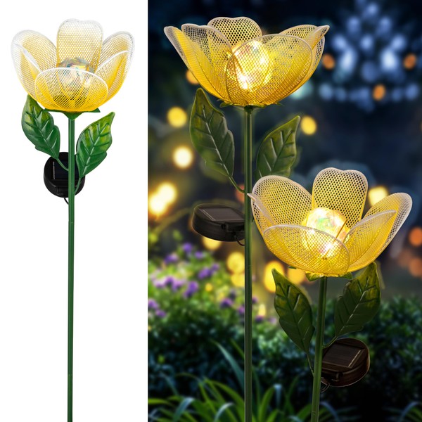 inBoboli Solar Metal Flowers for Outside,2 Pack Tulip Solar Light