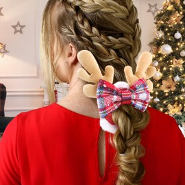 YanJie Christmas Scrunchies Reindeer Headband Bows Velvet Hair Band Cute Red Hair Ties Ponytail Holder Christmas Hair Accessories for Women Girls