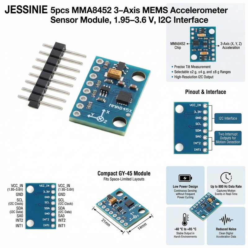 JESSINIE 5pcs MMA8452 3‑Axis MEMS Accelerometer Sensor Module, 1.95–3.6 V,