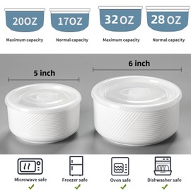 Adewnest Ceramic Nesting Bowls with Lid: Microwave Safe Food Storage Containers for Work Lunch Picnic Camping Meal Prep Soup Salad Cereal Leftovers - 5 & 6 Inch, 20 & 32 oz, Set of 4, White