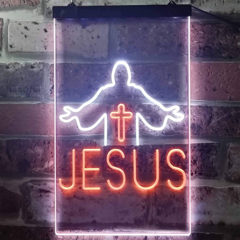 Jesus Saves Crosses Church Dual Color LED Neon Sign White