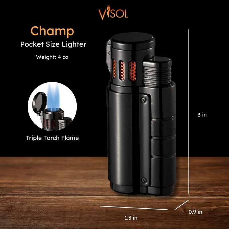 Visol Champ Butane Torch Lighter Triple Flame Refillable Gas, Windproof