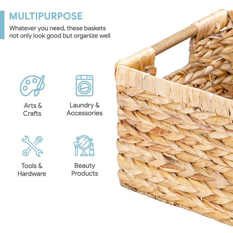 Large Wicker Basket Rectangular with Wooden Handles for Shelves, Water