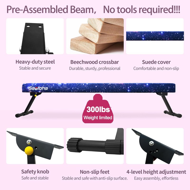 Sealoha 8ft Ultrasimple Adjustable&Foldable Balance Beam,High-Low Floor Beam Suede Gymnastics