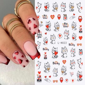 Valentine's Day Nail Art Stickers Decals Red Heart Nail Decals 6PCS Cartoon Bunny Cat Heart Valentine's Nails Adhesive Sticker Lip Print Bear Rose Valentine's Manicure Supply for Nail Art Decorations