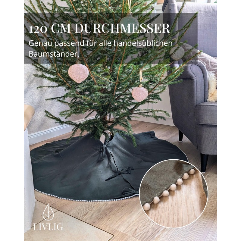LIVLIG Round Linen Christmas Tree Skirt, 120 cm, Christmas Tree