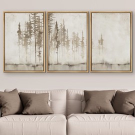 SIGNFORD Framed Canvas Print Wall Art Set Pastel Grunge Forest Tree Landscape Abstract Shapes Illustration Modern Art Decorative Nordic Minimal Zen for Living Room, Bedroom, Office - 24"x36"x3 NATURAL