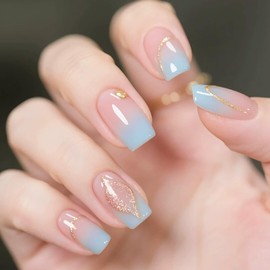 Square Press On Nails Medium French Tip Blue Ombre with Gold Designs Sparkly Artificial Nails 24 Pieces