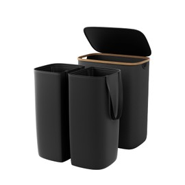 GARPROVM Double Laundry Hamper with Lid 150L Large Laundry Basket with Bamboo Handles Foldable Clothes Hampers with 2 Removable Liner Bags for Laundry for Bedroom Bathroom Dorm Laundry Room, Black