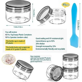 Paquete de 45 tarros de plástico de 15 g con tapas, recipientes redondos transparentes de 15 ml, frascos de maquillaje, frascos de tamaño de viaje de 0.5 onzas con espátulas para muestras de
