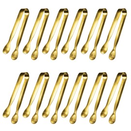 JCREN 12 Pcs Serving Tongs, Small Serving Utensils for Parties Catering Gold Tongs, Food-Grade 304 Stainless Steel Mini Appetizer Tongs for Tea Party Coffee Bar, 4" Sugar Tongs - Gold