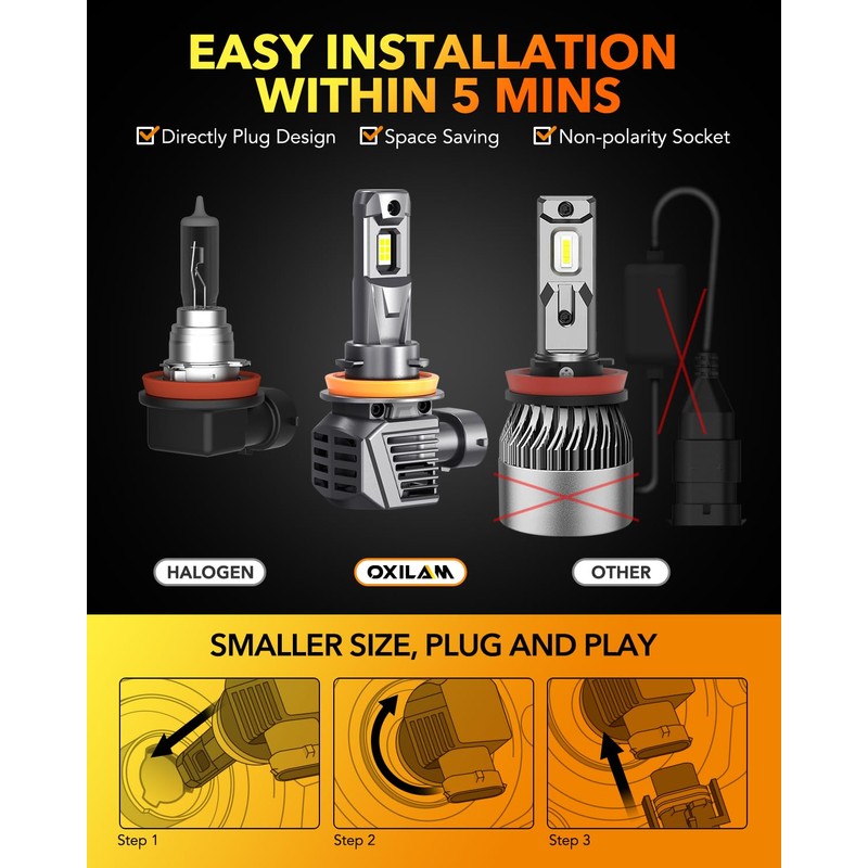 OXILAM H11 LED Bulb H8 H9 Bulbs, 900% Brighter Ultra-Bright,