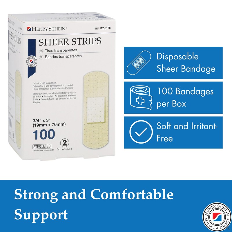 Henry Schein Sheer Strip Adhesive Bandages, 3/4" x 3", Sterile,