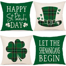 YCOLL St Patricks Day Decorations Throw Pillow Covers 18x18 Set of 4 Scottish Tartan Plaid St Patricks Day Hat Farmhouse Classic Decorative Square Cushion Cases for Sofa Couch