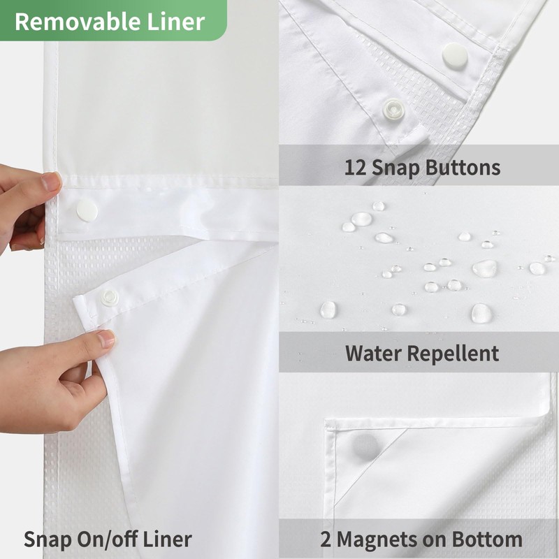 eachope Extra Long No Hook Shower Curtain with Snap-in Fabric