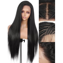 WIGNEE 13x6 Synthetic Lace Front Wig 28" Long Straight Wig Natural Black Kanekalon Futura Synthetic Wigs for Black Women Pre-Plucked Glueless Wig for Daily Party Use