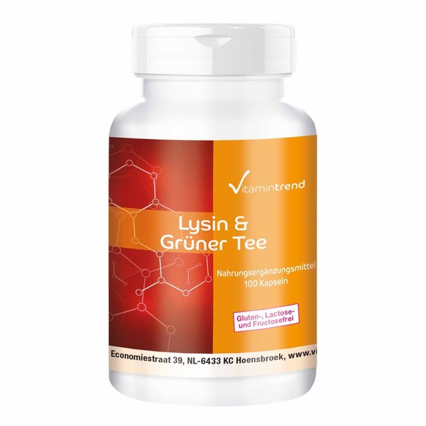 Lysine & Green Tea Extract - 100 Capsules for 100 Days - 400 mg / 200 mg - Vegan Vitamintrend®