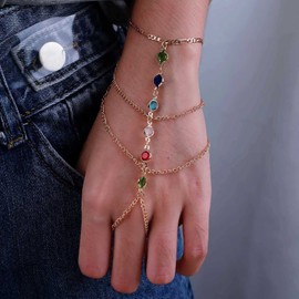 Atentuyi Layered Crystal Finger Ring Bracelet Gold Hand Chain Harness Crystal Finger Chain Boho Slave Bracelet Crystal Bracelet Wedding Jewellery Accessories for Women and Girls, High-quality alloy
