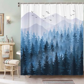 Accnicc Extra Long Blue Misty Forest Shower Curtain Set Ombre Navy Blue White Waterproof Fabric Shower Curtains Nature Tree Mountain Woodland Decorative Bathroom Bath Curtain Decor (Blue, 72'' × 78'')