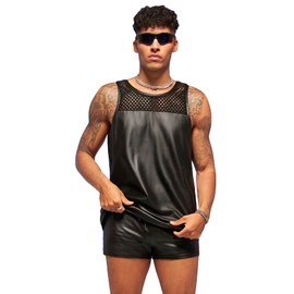 WDIRARA Men's 2 Piece Outfit Mesh Sheer Pu Leather Tank Top and Track Shorts Set, Black, Medium