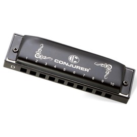 CONJURER Blues Harmonica for Beginners Adult Professional 10 Hole Diatonic Harmonica in D Key Phosphor Bronze Reeds Mouth Organ Metal Blues Harp with Case, Key of D Matte Black