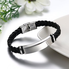 JewelryWe Unisex Braided Leather & Stainless Steel ID Bracelet with Engraving, Customisable, Stainless Steel