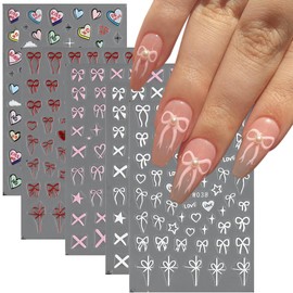 Fcozpjk 5D Embossed Bow Nail Stickers, 5 Sheets Self-Adhesive Pink White Ribbons Nail Decals, Valentines' Day Nail Art, Heart Nail Charms, Cute Cartoon Pop Art Stickers, Pegatinas para Uñas