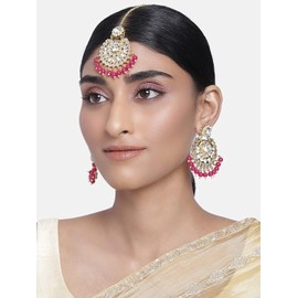 Aheli Exquisite Design Faux Kundan Beaded Earrings Maang Tikka Set Ethnic Indian Jewelry Gift for Women Rani Pink