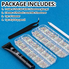BELLEBOOST Nail Art Rhinestone Glue Gel&2 Boxes Flatback Gems Kit, 1 Tube of 15ml Rhinestone Gel Glue(UV/LED Needed)+Crystal AB Gems with Pickup Tools
