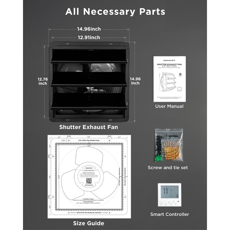 InoKraft Shutter Exhaust Fan with Wireless Control Panel, 12'' Wall
