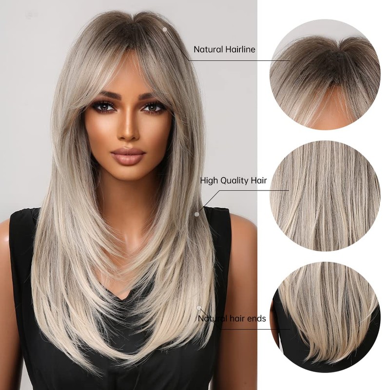Allbell Blonde Wigs for Women, Long Layered Wigs with Bangs,