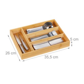 Relaxdays Cutlery Tray, 4 Compartments, Bamboo, Small Drawer Box, Cutlery & Kitchen Utensils, HBT 5 x 26 x 35.5 cm, Natural