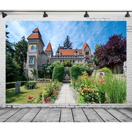 CORFOTO 5x3ft Fabric Hungary Bory Castle Photo Backdrop Castle Garden Photography Background Flowers Blue Sky Girls Princess Wedding Birthday Portrait Photo Studio Props