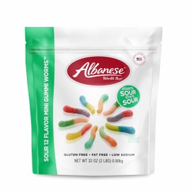 Albanese World's Best Sour 12 Flavor Mini Gummi Worms | 32oz Bag of Candy | 12 Unique Super Sour Flavors, Gluten Free, Fat Free, Soft and Chewy Gummy Worms | Perfect Travel Snack and Treat for Kids