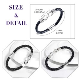 Feilok Leather Bracelet Men's Bracelet Infinity Forever Together Men's Leather Stainless Steel Black Braided with Magnetic Clasp, Leather
