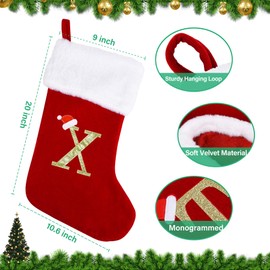Sailup 20 Inches Monogram Christmas Stocking Super Soft Christmas Stockings with Letters，Deluxe Red Velvet Body Letter Stockings for Family Holiday and Xmas Tree-X